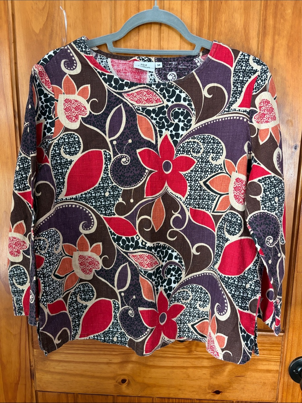 Hot Cotton Floral Animal 3/4 Sleeve Linen Top Medium colorful artsy earth tones